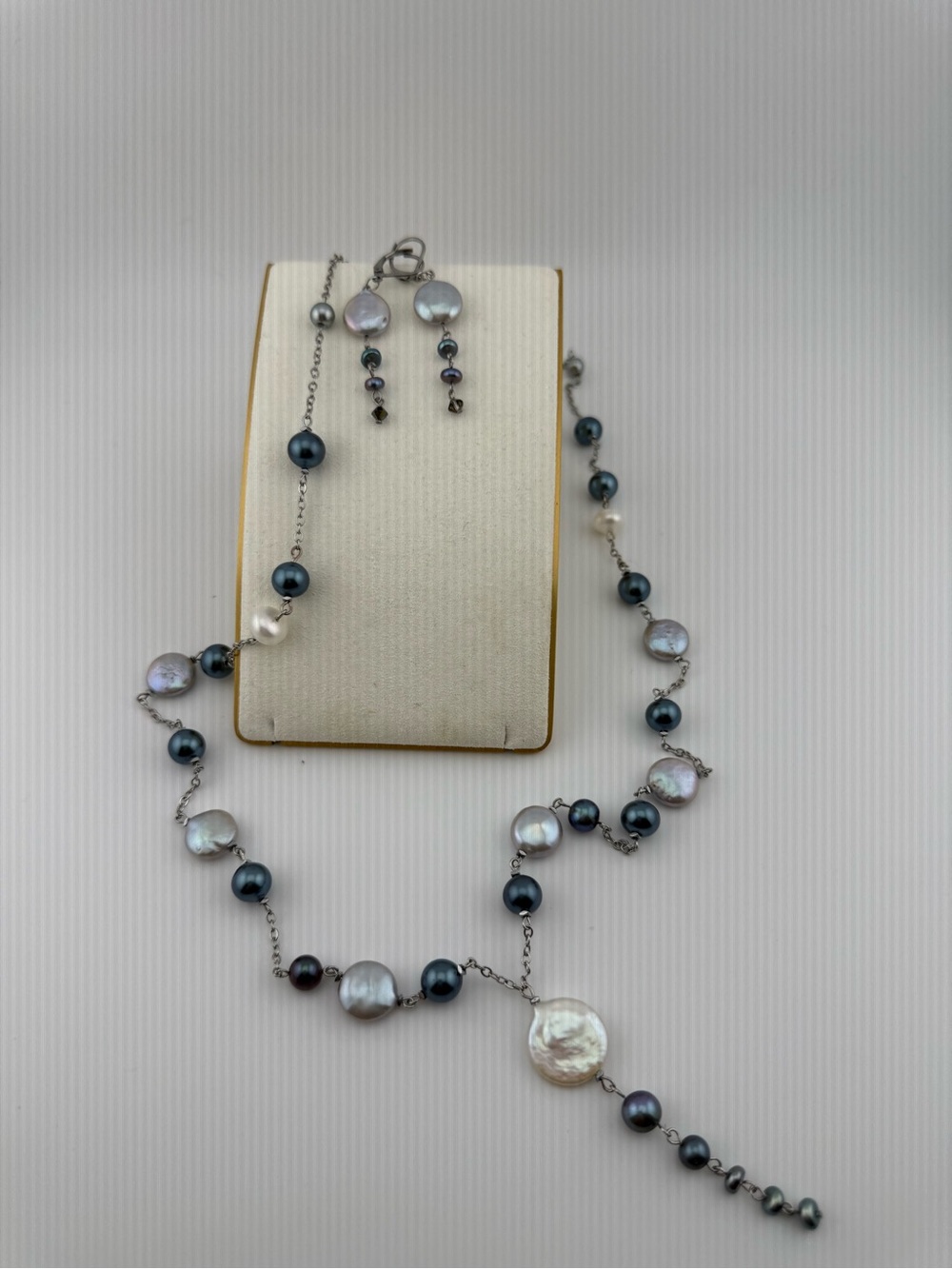 Elegant Blue Coin Pearl Station Necklace and Earrings Set